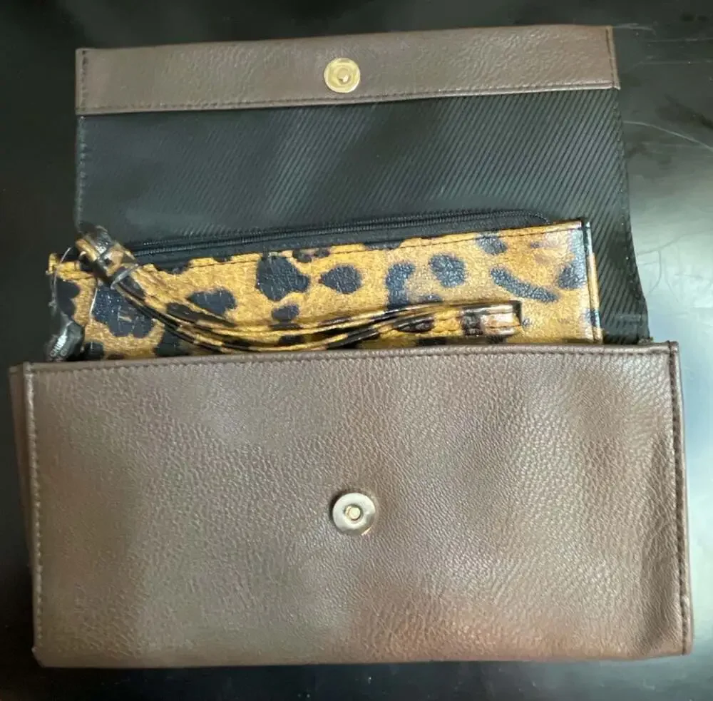 Tahari Brown Pebbled Leather RFID Wallet Clutch with Removable Leopard Pouch